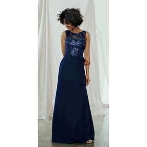 Amsale Lorena Floral Lace Sleeveless V-Back Evening‎ Dress Navy Blue Size 14